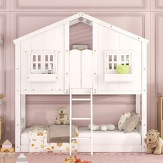 a child's bedroom with pink walls and white bunk beds, teddy bears on the floor