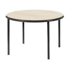 a round table with black legs and a wooden top, viewed from the front view