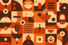 an orange and brown abstract pattern with circles, squares, and rectangles on it