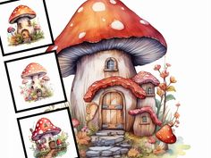 the mushroom house is painted with watercolors and then has pictures to put on it