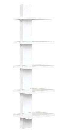 a white book shelf with four shelves on each side and one in the middle, against a