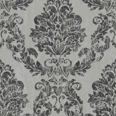 an ornate wallpaper pattern with black and white designs on grey background, suitable for use in interior or exterior design