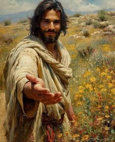 a painting of jesus walking through a field with wildflowers