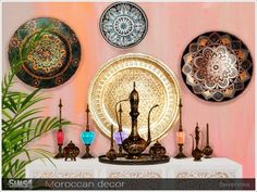 decorative plates and candles are displayed on the wall