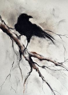 a painting of a black bird sitting on a tree branch with no leaves in it