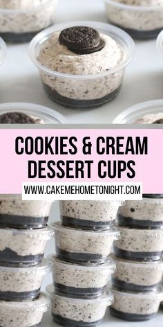 cookies and cream dessert cups with oreo cookies in the middle, on top of each other