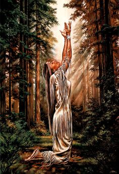 a painting of a woman in the woods with her hand up to say thank you