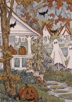 a painting of halloween decorations in front of a house