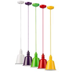 four different colored lights hanging from the ceiling with one light on each side and two in the middle