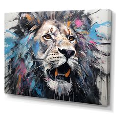 a painting of a lion's face with colorful paint splatters on it