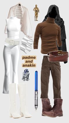 a woman in white pants and brown shirt with hoodie, boots and star wars accessories