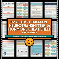 Therapists use psychiatric medication, neurotransmitter & hormone psychoeducation cheat sheets to enhance their understanding of the complex interactions within the brain and body. These handouts offer information about common medicines related to mental health, neurotransmitters, and hormones. Counselors can use them in psychoeducational with clients in explaining the biological aspects of mental health conditions and facilitating informed discussions about treatment options. 13 Included digital pages: ☺Mood stabilizers ☺The basics of SSRIs ☺SNRIs ☺Benzodiazepines ☺Common neurotransmitters & and hormones that are related to mental health ☺More common neurotransmitters & and hormones that are related to mental health ☺What are neurotransmitters? ☺Understanding hormones ☺The autonomic nervo Happy Chemicals, Psychiatric Nurse, Psychiatric Nurse Practitioner, Mood Stabilizer, Brain Chemistry, Doctorate