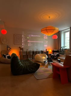 a living room filled with furniture and lights