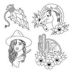 four different tattoos that include horses, cactuses and flowers