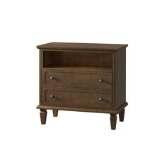 a wooden cabinet with two drawers on one side and an open drawer on the other