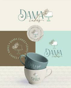 two cups are stacked on top of each other with the words dama cakes above them