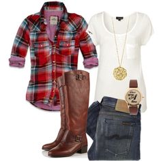 plaid. button down. white. tee. jeans. boots. gold. necklace. barn. Red Plaid Shirt, Checkered Shirt, Victoria Secrets, Stylish Clothes For Women, Looks Style, Fall Outfits Women, Denim Outfit