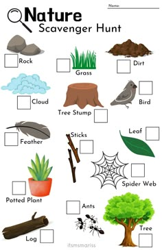 the nature scavenger hunt is shown in this printable worksheet for kids