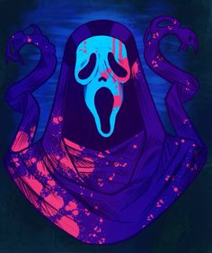 a blue and pink ghost with its mouth open in front of a dark sky background