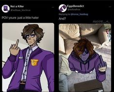 two pictures of the same person with different facial expressions, one is wearing a purple jacket