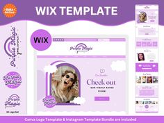 an image of a website page with the word wix template on it and a purple background