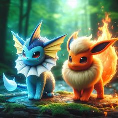 two cute little pokemons standing next to each other in the middle of a forest