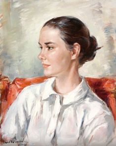 an oil painting of a woman sitting in a red chair with her hair pulled back