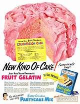 an advertisement for the new kind of cake fruit gelatin, with pink frosting