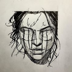 a black and white drawing of a woman's face