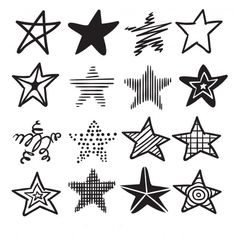 black and white drawing of star shapes on a white background, each with different colors