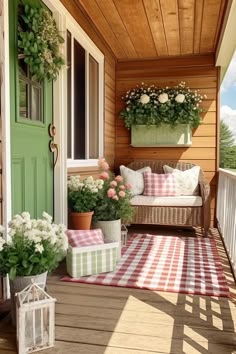 a porch with flowers and potted plants on it