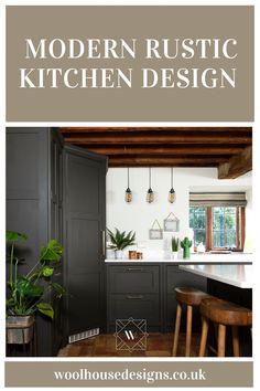 modern rustic kitchen design with dark grey cabinets and wooden stools in the center, surrounded by potted plants