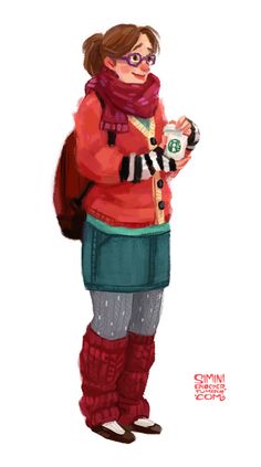 a drawing of a woman in winter clothing holding a snowball and wearing red boots