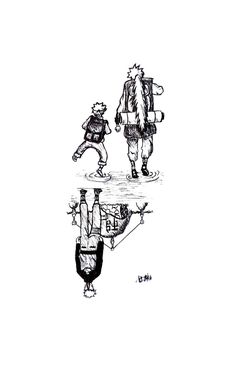 an ink drawing of two people walking down the street with luggage on their backs and one carrying a backpack