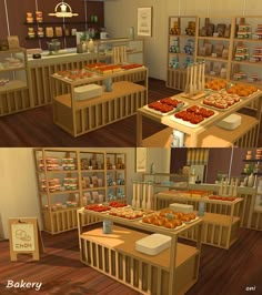 three different views of a bakery with donuts and other items in the display cases