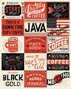 some type of poster with different types of lettering on it, including coffee and other things