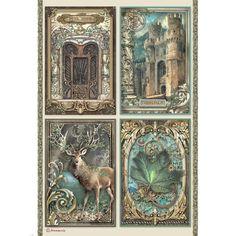 four different pictures of animals in ornate frames