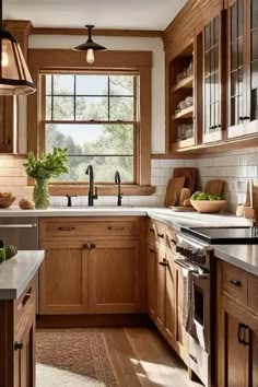 a kitchen filled with lots of wooden cabinets and counter top space next to a window