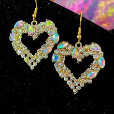 Gorgeous Mix Of Iridescent Crystals In Various Shapes And Sizes On Gold Plated Wires. 80s Earrings, Crystal Heart Earrings, Crown Earrings, Betsey Johnson Earrings, Iridescent Crystal, Yellow Earrings, Plastic Jewelry, Shell Earrings, Large Earrings