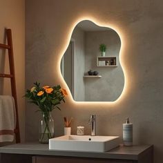 a bathroom with a sink, mirror and ladder in the wall next to it is lit up