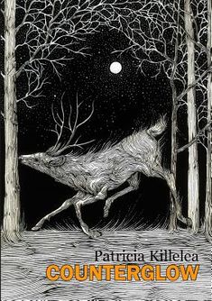 a drawing of a deer running through the woods at night with trees in the background