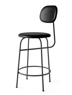 a black stool with a metal frame and seat on an isolated white background the chair has a rounded backrest