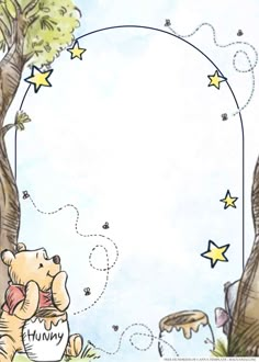 winnie the pooh is sitting in front of some trees with stars around it and an empty