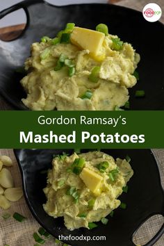 two black plates with mashed potatoes and green onions on them, the title reads gordon ramsay's mashed potatoes