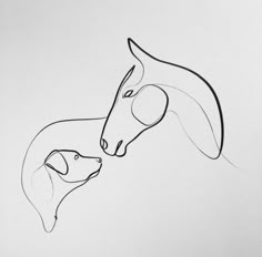 a black and white drawing of two horses facing each other with their noses close together