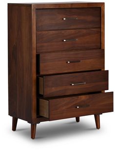 the chest of drawers is made from wood and has three drawers on each side, one with