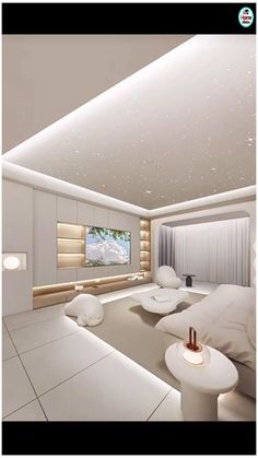 this is an image of a living room with white furniture and lights on the ceiling