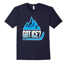 a blue t - shirt with the words got ice? on it and mountains in the background