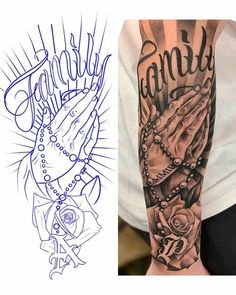 two different tattoos on one arm and the other hand with hands holding rosarys in it