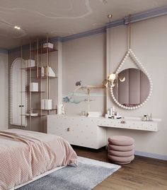 a bedroom with a bed, dresser and mirror on the wall next to a window